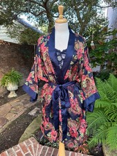 VTG Y2k Victoria's Secret Gold Label Navy Floral Robe Nightie 3 Piece LG