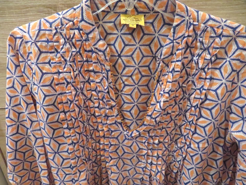 Roberta Roller Rabbit Beaded Tunic Top Sz S Lightweight Cotton Lawn Peach Blue - Image 2 of 4