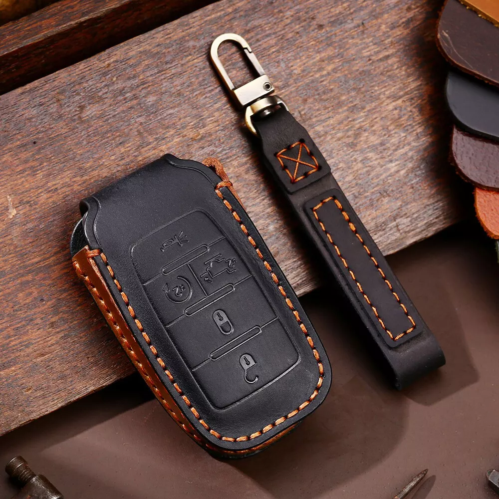 3W Key Fob Cover Case 4 Buttons for Dodge Ram Genuine Leather with Keychain 360° Protection