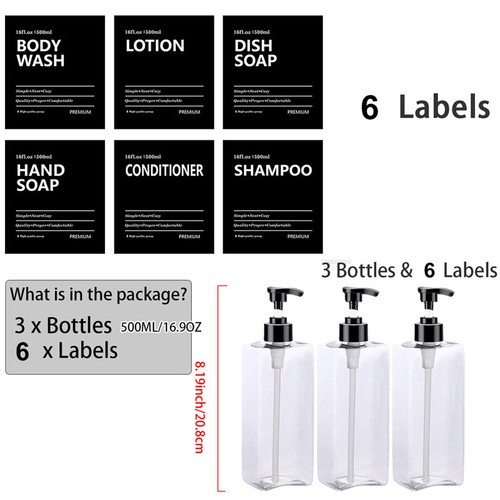 2/3 Piezas 500ml Dispensador de Jabón Champú Acondicionador Loción Botella con 6 Etiquetas - Imagen 31 de 32