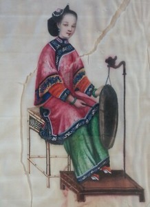 Excellent Antique 19 c. Chinese Pith Painting - Lady in Ornate Robe with Gong –