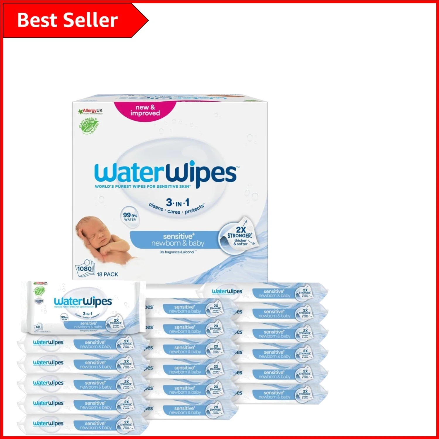 Gentle 3-in-1 Sensitive+ Wipes for Newborns - 1080 Count, Natural Ingredients