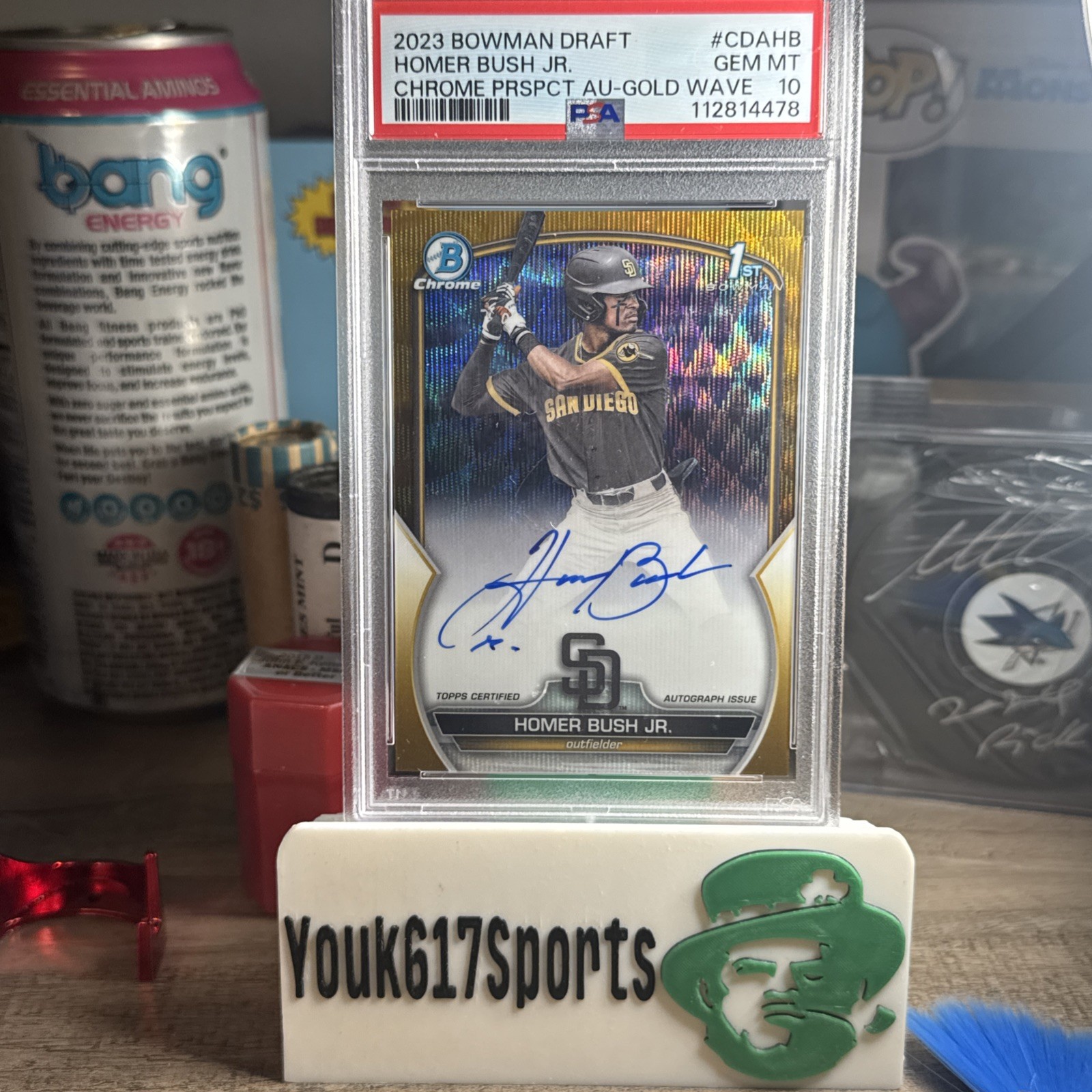 2023 Bowman 1st Chrome Homer Bush Jr Gold Wave Auto /50 Rays PSA 9