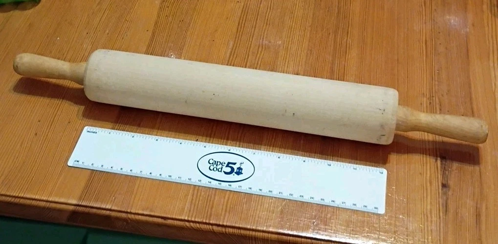Vintage 19" Long Dough Large Solid Wood Rolling Pin w handles 2” Diameter
