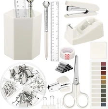 12 Pcs Beige Office Supplies Desk Accessories Set Pen Holder Tape Dispenser Stap