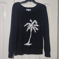 Tommy Bahama Womens XS Palm Tree Sweater Pullover Cotton Blend Long Sleeve Black