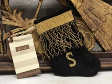 Handmade MINI STOCKING From Antique Textiles by B-VIZ Black w/Gold Letter S" L74