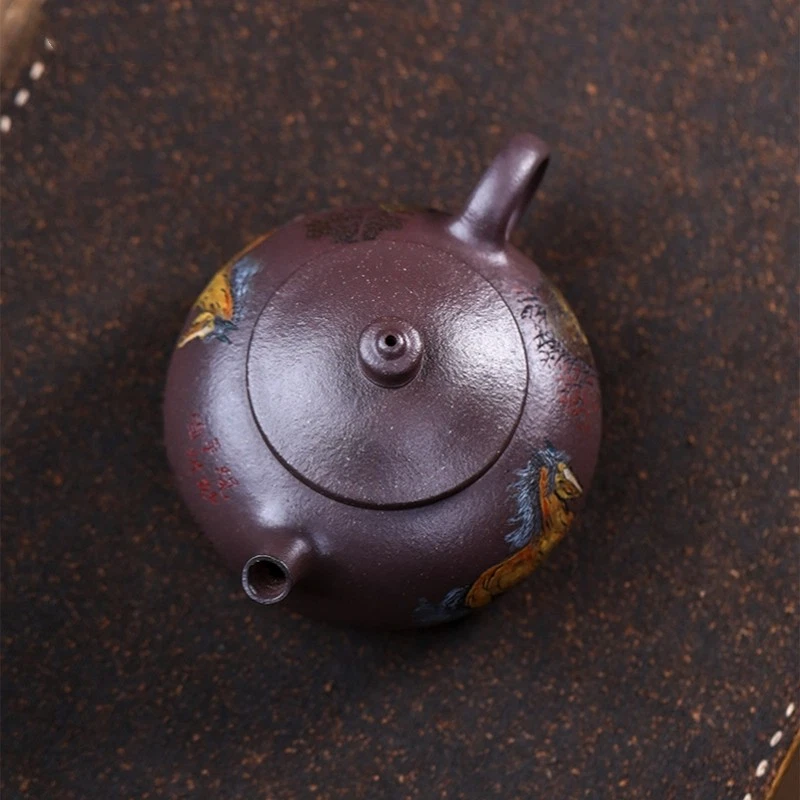 Tetera Hecha a Mano 14 Agujeros Infusores Caballo Tallado Real Yixing Zisha Antigua Arcilla Púrpura Foto 4 de 4