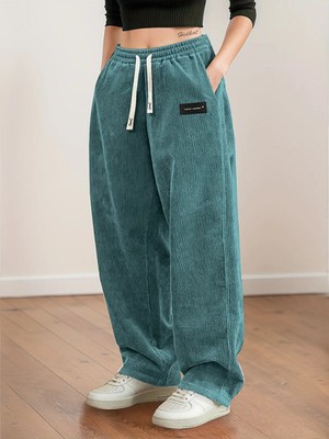 Pantalones de pana para mujer, pantalones de pierna recta con textura y cordón e