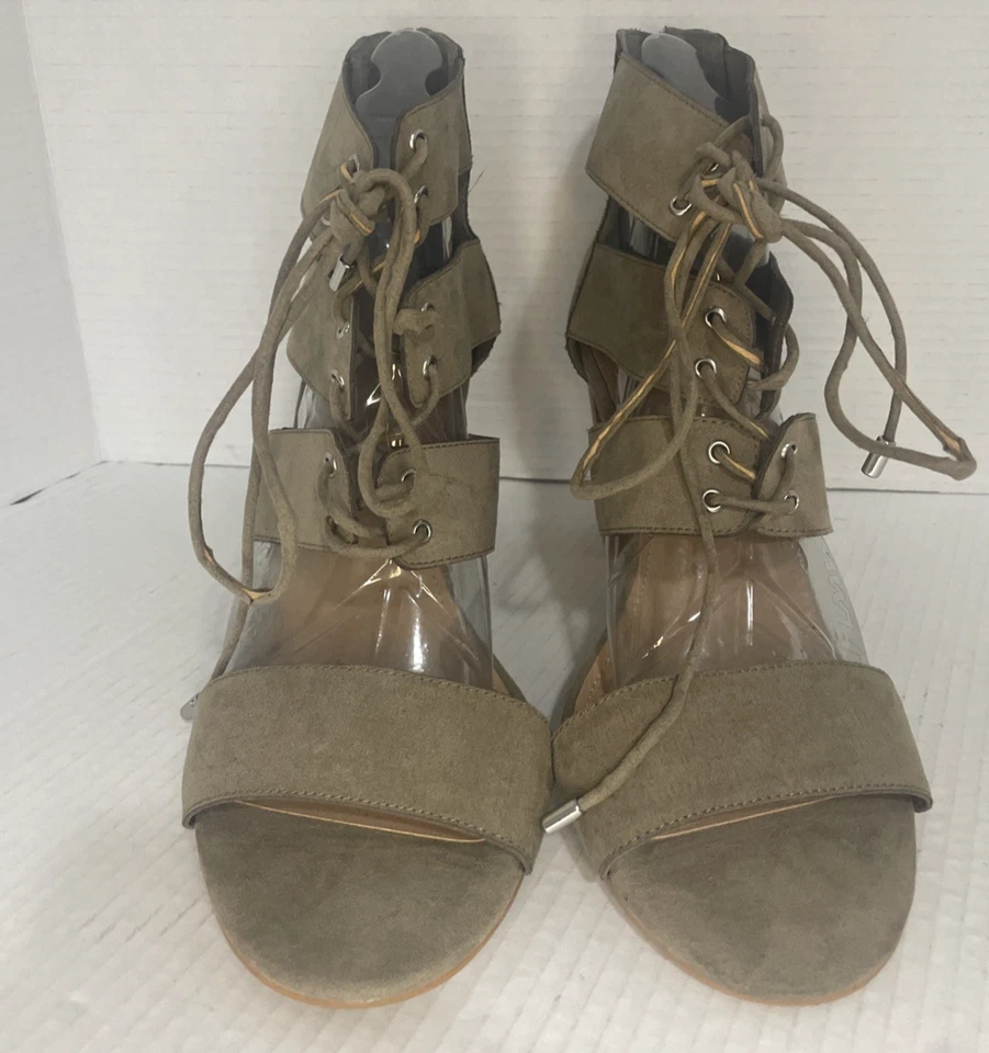 Torrid Sandals Women’s 11.5W Olive Faux Suede Open Toe Lace Up Block Heel Zip Up - Image 2 of 4