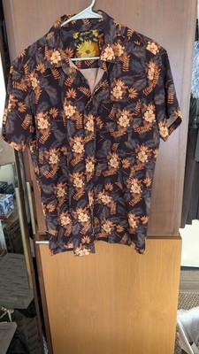 Retro Rifle Tropics Shirt Mens Large Black Hawaiian Button Up Party Stretch
