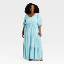Ava & Viv Women's Elbow Sleeve Button-Front Lace Trim Maxi Dress
