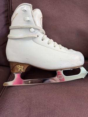 MK Flight Women's White Figure Ice Skates 7.75/06M Gold Heel Leather Boot