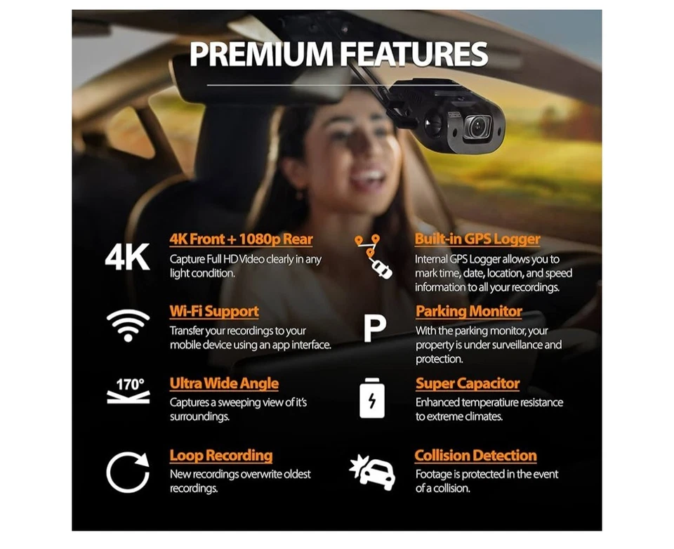 4K Dual Channel Car Dash Cam 2160p +1080p w/Built-in GPS Wi-Fi 2.4” LCD REXING - Image 2 of 4