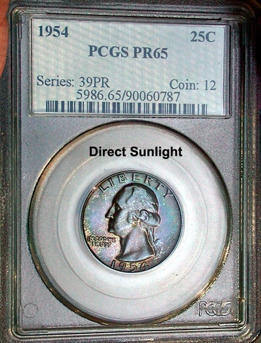 1954P WASHINGTON QTR / COLORFUL TONED OBV / GORGEOUS PROOF BOTH SIDES /PCGS PR65