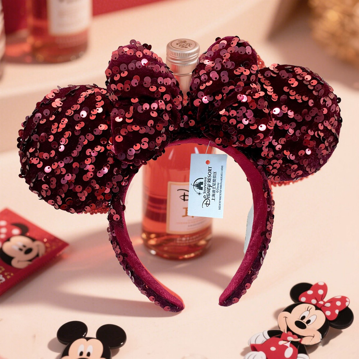 Tokyo Disney Resort Christmas Dark Red Velour Sequin Bow  display picture 3