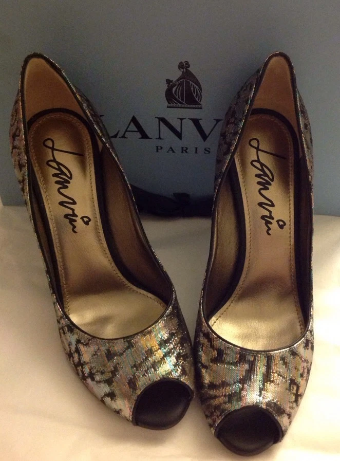 Lanvin — LANVIN Brocade Escarpin Peep Toe Metallic Black Italy Heels Shoes NIB 37.5