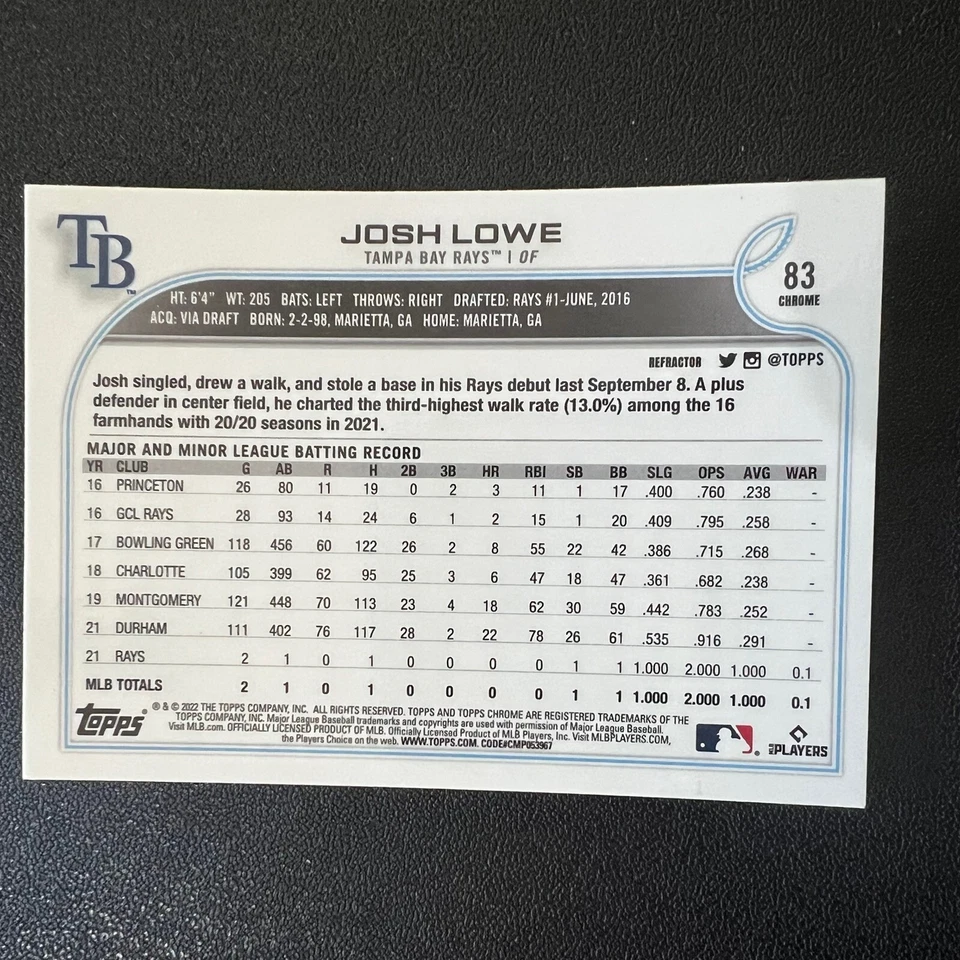 Josh Lowe RC 2022 Topps Chrome #83 Refractor Parallel Tampa Bay Rays - Image 2 of 2