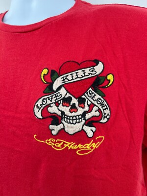 Ed Hardy Red Love Kills Slowly Embroidered Skull Tatoo T Shirt Tee