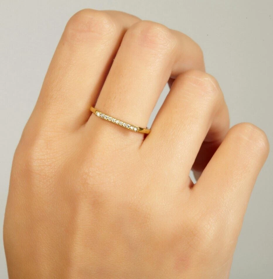 Anillo Barra Diamante Oro Sólido 14K Diamante Banda Anillo Para Mujer Regalo San Valentín NS4. Foto 2 de 4