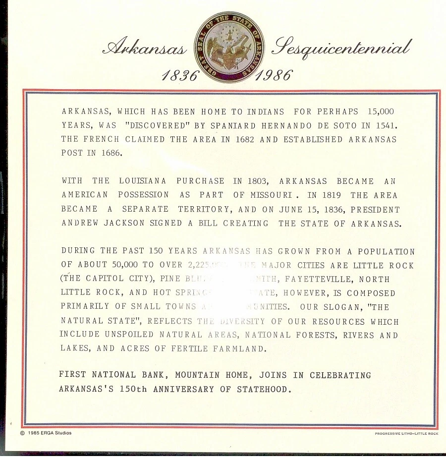 1986 Arkansas Sesqui Sc 2167 Erga cachet & bronze medal, blue folio - Image 2 of 4