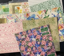 VTG  Bridal & Baby Gift Wrapping Paper 11 Sheets Floral Silver Stripe Watercolor