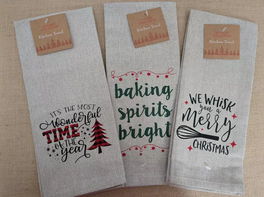 Set of 3 Flat-Woven Cotton Christmas Kitchen Tea Towels