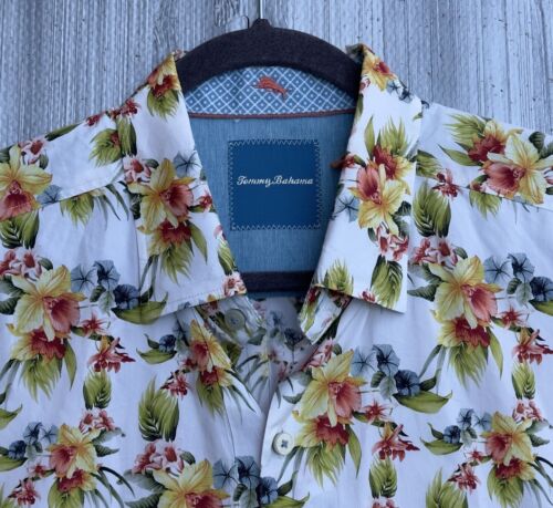 Tommy Bahama Shirt Mens Large Floral Cotton Silk Blend Lomg Sleeve White Yelkow - Zdjęcie 1 z 9