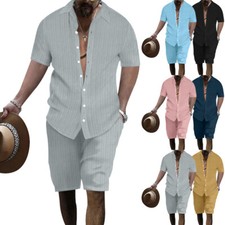 Men Summer Outfit 2-Piece Set Short Sleeve Shirt and Shorts Sweatsuit Set