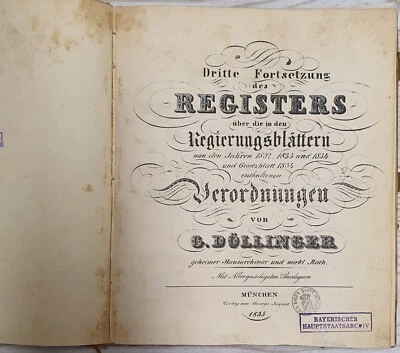 1835 Dritte Fortsetzung Des Registers Über Die In Den Regierungsblät Antik Buch  - Bild 1 von 4