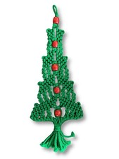 Vintage Green Red Macrame Christmas Tree Red Beads Wall Hanging 14 Inch Mcm