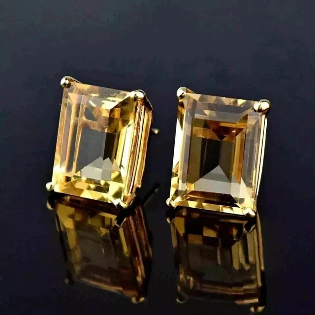 Aretes de citrino enchapados en oro amarillo de 14 k con corte esmeralda de 2,00 quilates Foto 3 de 4