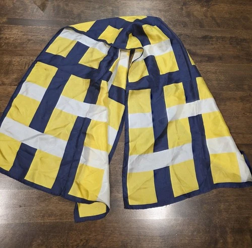 Vintage Sally Gee Yellow Blue White Geometric 100% Silk Scarf