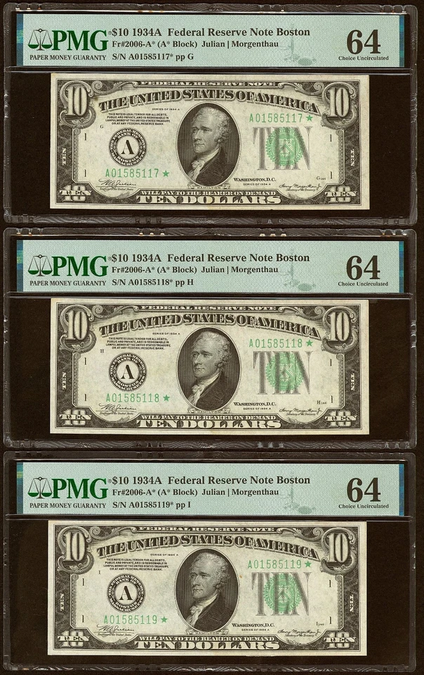 $10 1934A Federal Reserve Star Notes Three Consecutive Replacements PMG 64 (FCX) - Image 3 of 3