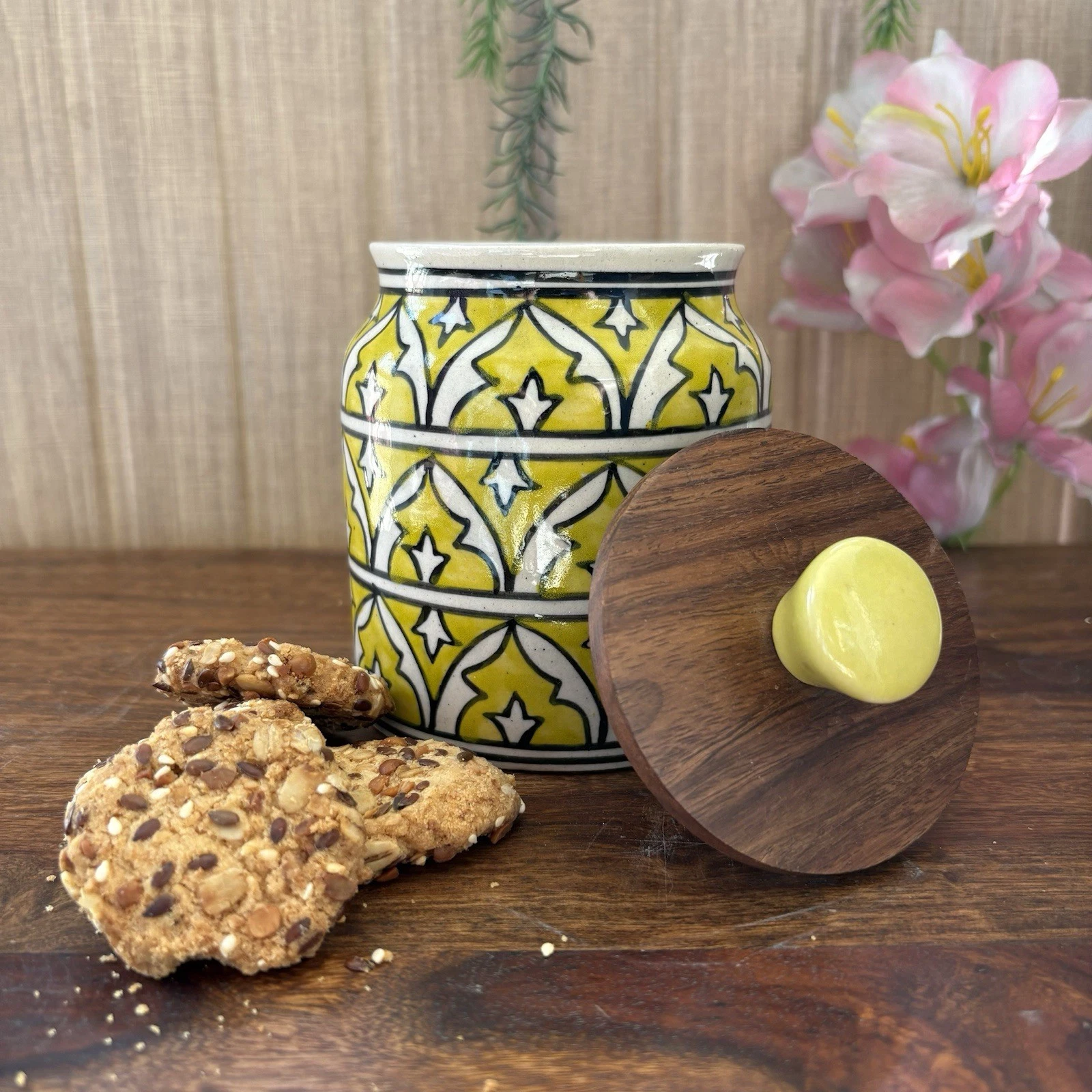 Handmade Ceramic Jar with Wooden Lid | Yellow Pottery Storage Canister
Opens in a new window or tab