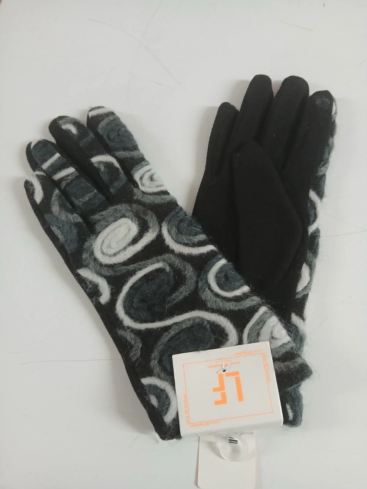 Women’s Black Gray Touchscreen Gloves Abstract Swirl Embroidered Winter Gift NWT