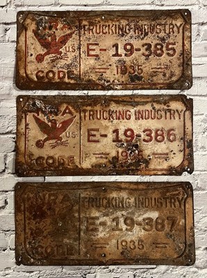 1935 NRA Code Trucking Industry License Plates Consecutive #s 385, 386, 387