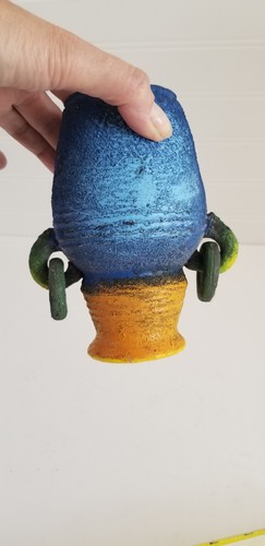 Rustic Accent Vase Urn Rings 2 Handles Pottery Painted Blue Green Yellow 6" - Picture 8 of 17