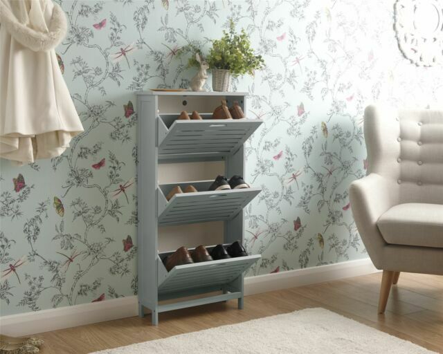 Bergen 3 Tier Wood Shoe Storage Cabinet Hideaway Grey For Sale Online Ebay