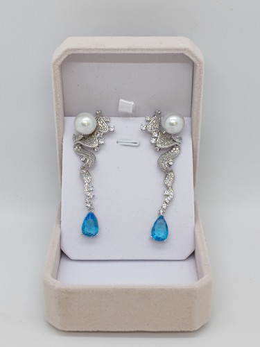 Genuine Huge Natural 14mm White Sea Pearl Earrings Drop PT950 Platinum Diamonds - Picture 24 of 24