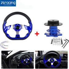 Universal 13" Blue 6 Hole Steering Wheel w/Horn Button+Quick Release Adapter