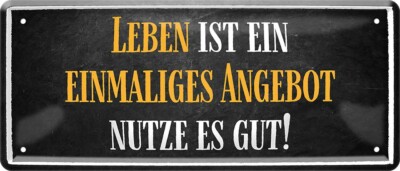  ''Leben ist ein einmaliges Angebot. Nutze es gut'' 28x12cm Blechschild