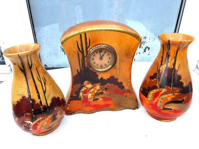 ANTIKES VINTAGE ART DECO DON WILTON KERAMIK KAMINUHR & GARNITUR VASEN SET