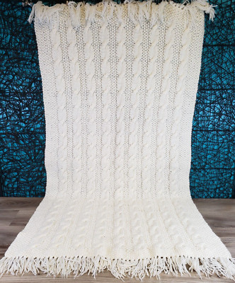 Cable Afghan Throw Blanket Cream Ivory Fringe END Edges  41  X 75  BABY LAP