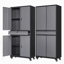 Metal Storage Cabinet with 4 Doors and Drawer,Rolling Garage Cabinet on Wheels