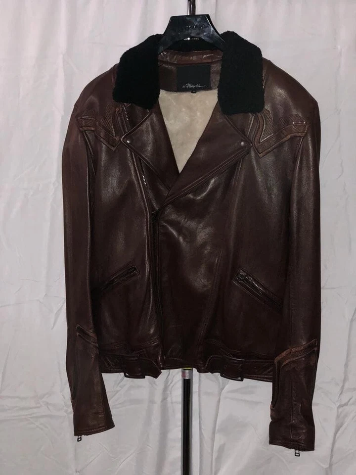 尺寸 M🔥 3.1 Phillip Lim 男式羊皮剪绒骑行摩托车夹克 — 第 3/4 张图片