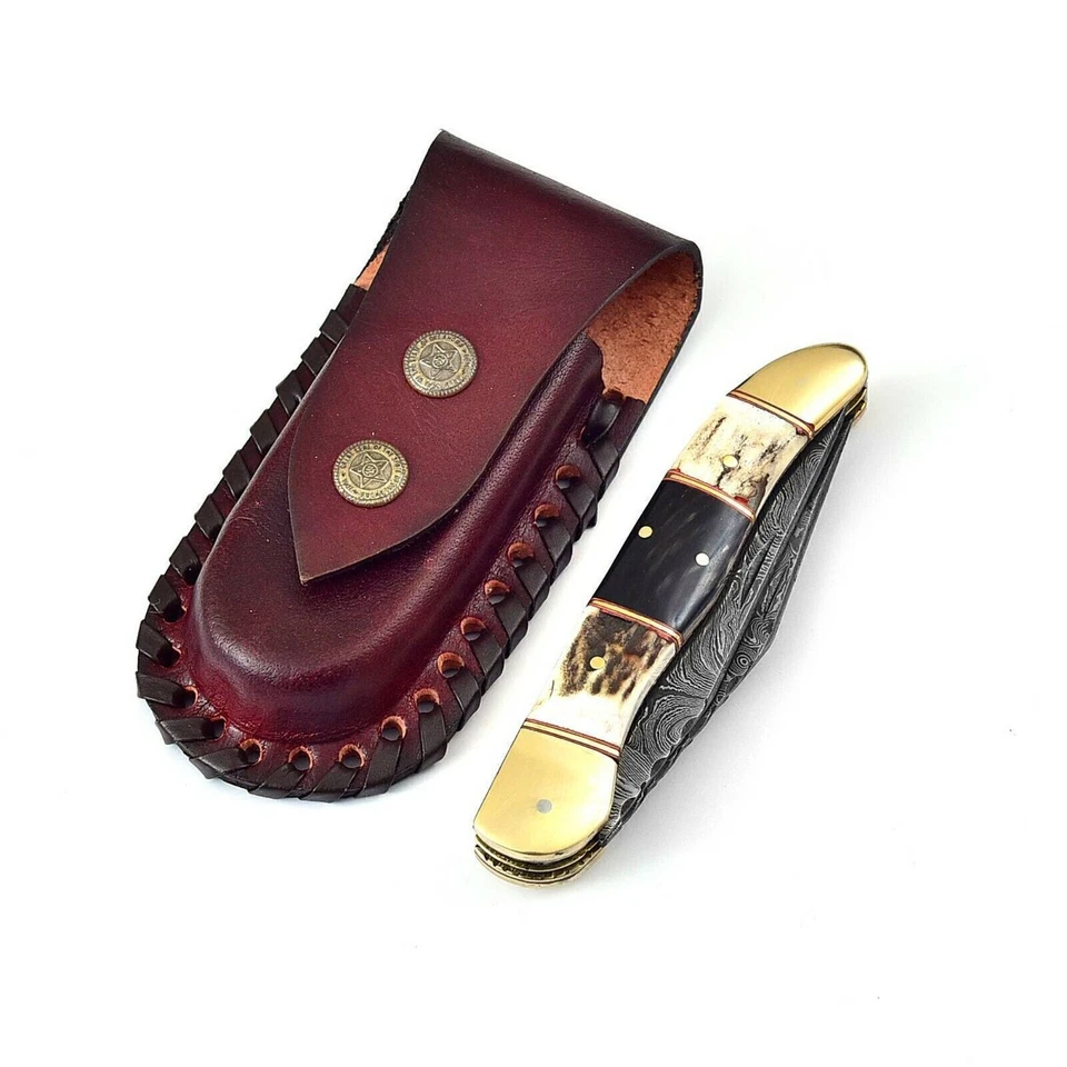 Double Blade Guild Stag Damascus Steel Pocket Knife | Buffalo Horn Insert+Sheath - Image 2 of 4