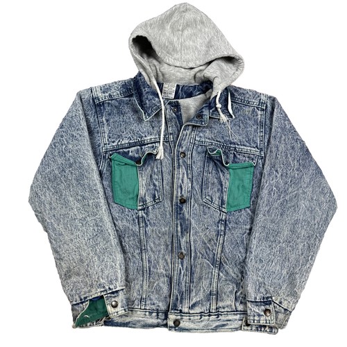 Vintage 80s Hooded Denim Trucker Jacket Jean Lined Hoodie Grunge Stonewash Large