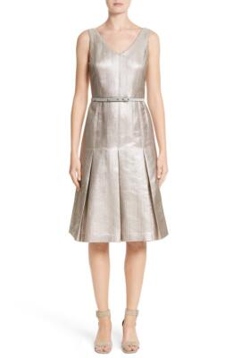 Lafayette 148 Lois Metallic Jacquard Pleated Dress size 12 Gold 152572