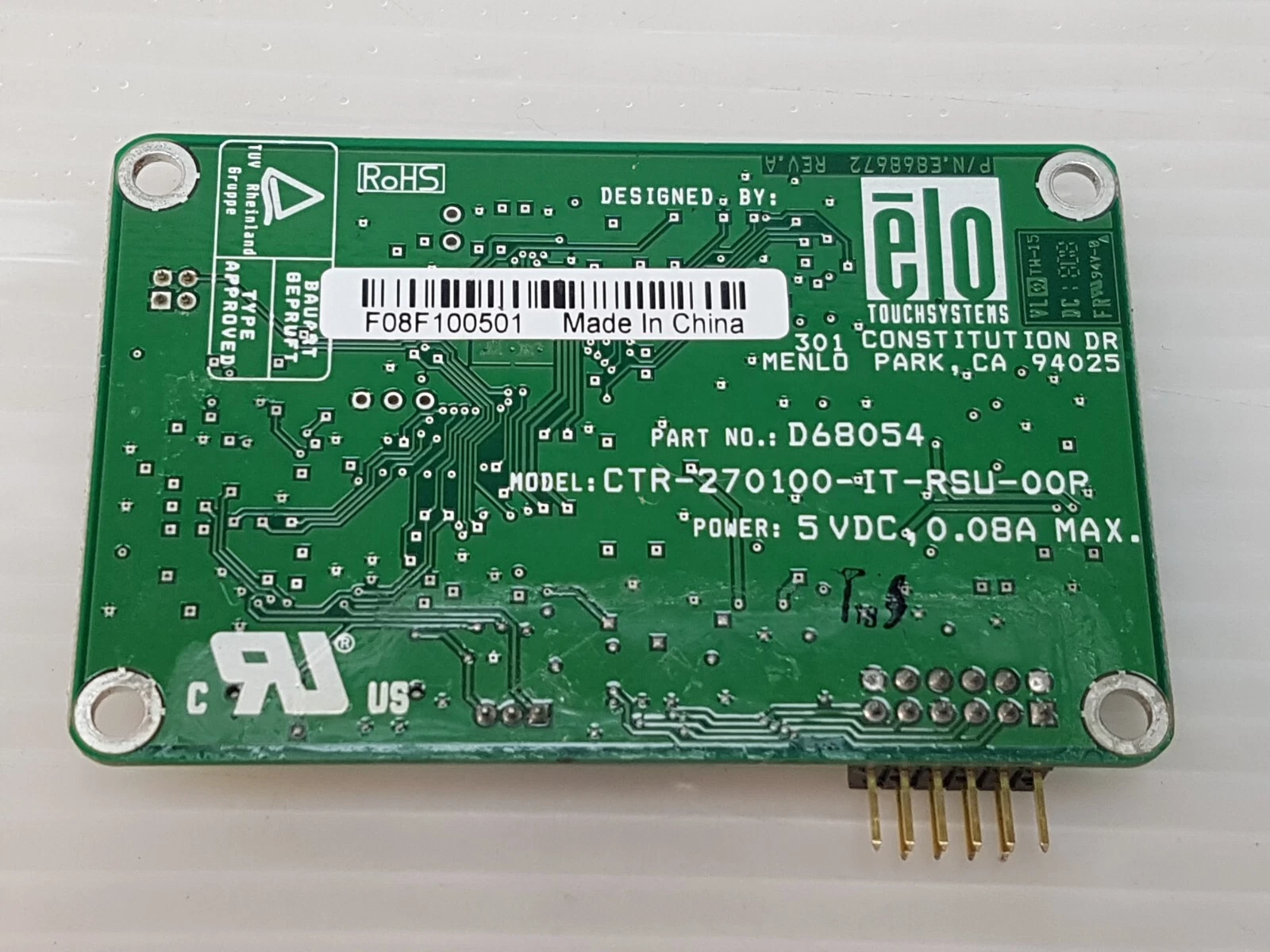 Back label of the Elo board: part no. D68054, model CTR-270100-IT-RSU-00P, 5 VDC 0.08A max